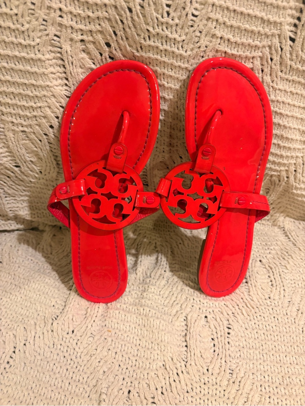 Tory Burch Bright Red Patent Leather Logo Thong Sandals